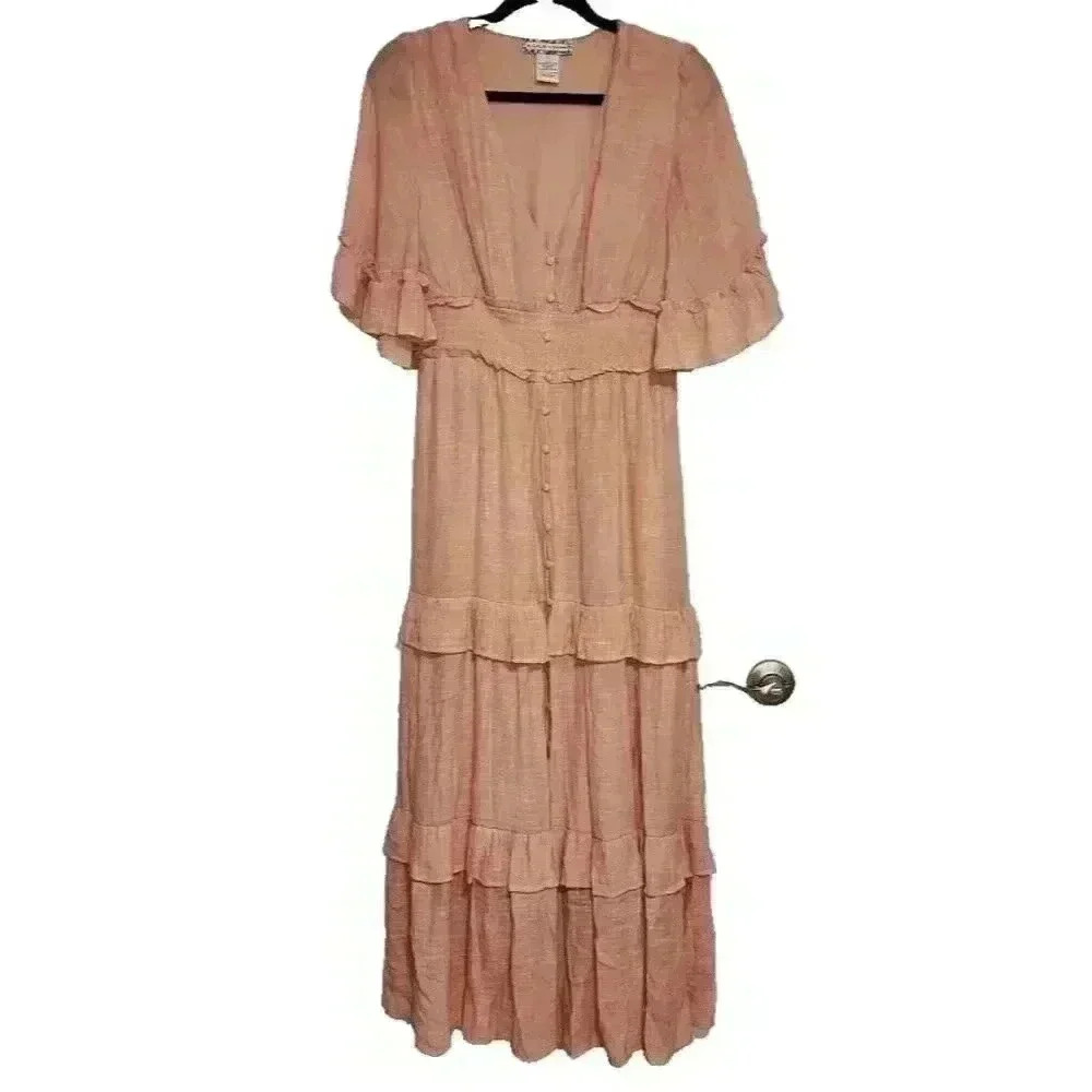 A. CALIN FLYING TOMATO SIZE L BOHO‎ SOFT PINK ROMANTIC SUMMER MAXI DRESS FALL